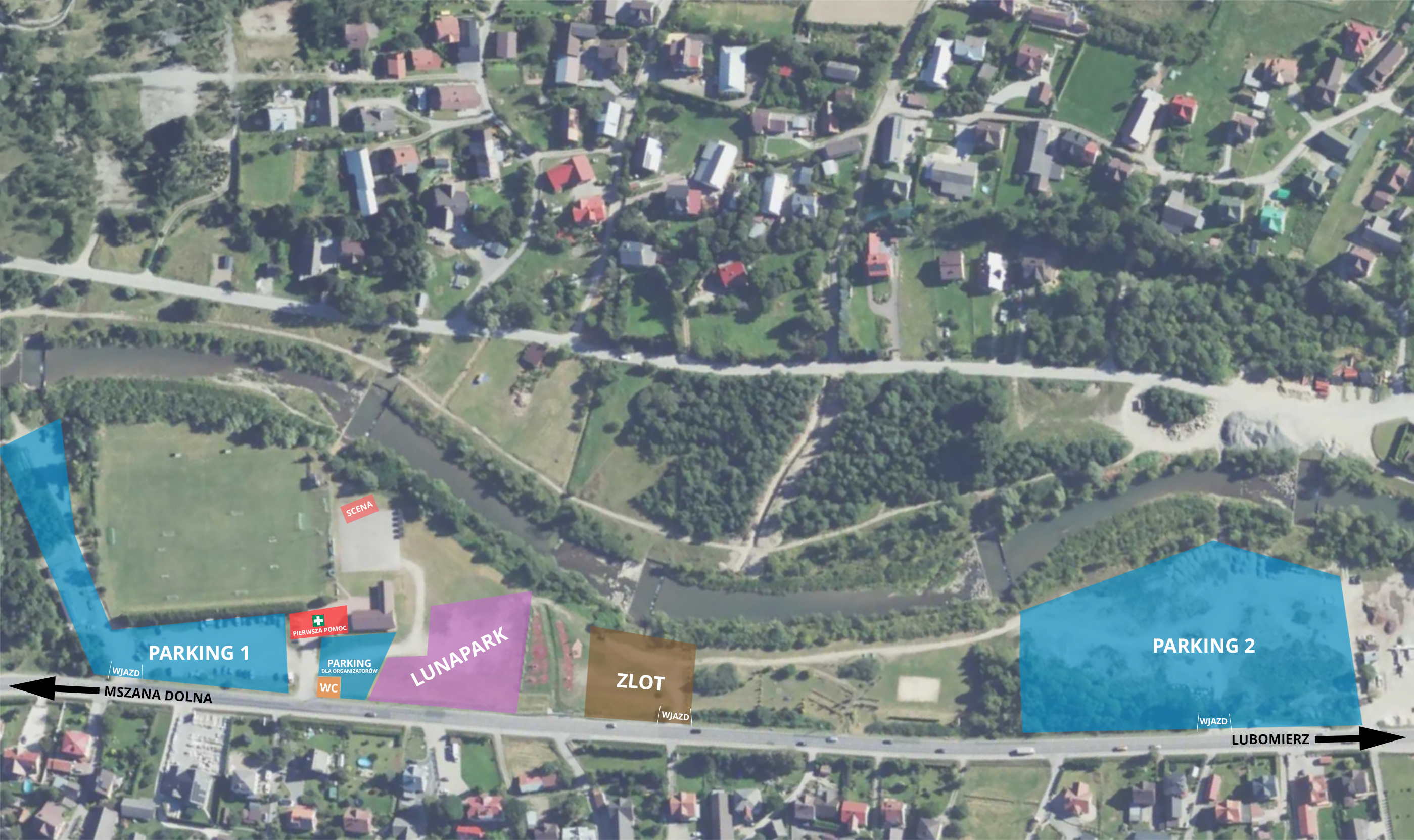 Mapa terenu zlotu w Mszanie Dolnej przedstawiona z lotu ptaka. Na mapie oznaczono kluczowe obszary: Parking 1 (po lewej stronie, niebieski obszar), Lunapark (na środku, różowy obszar), Zlot (brązowy obszar obok lunaparku) oraz Parking 2 (po prawej stronie, niebieski obszar). Przez środek mapy przepływa rzeka, oddzielająca parkingi i zlot od terenów zielonych oraz zabudowań mieszkalnych. Na dole mapy zaznaczono kierunki: w lewo do Mszany Dolnej, w prawo do Lubomierza. Na mapie widoczne są również oznaczenia toalet (WC) i wejścia na teren zlotu. Kolory i oznaczenia pomagają w orientacji na terenie wydarzenia.