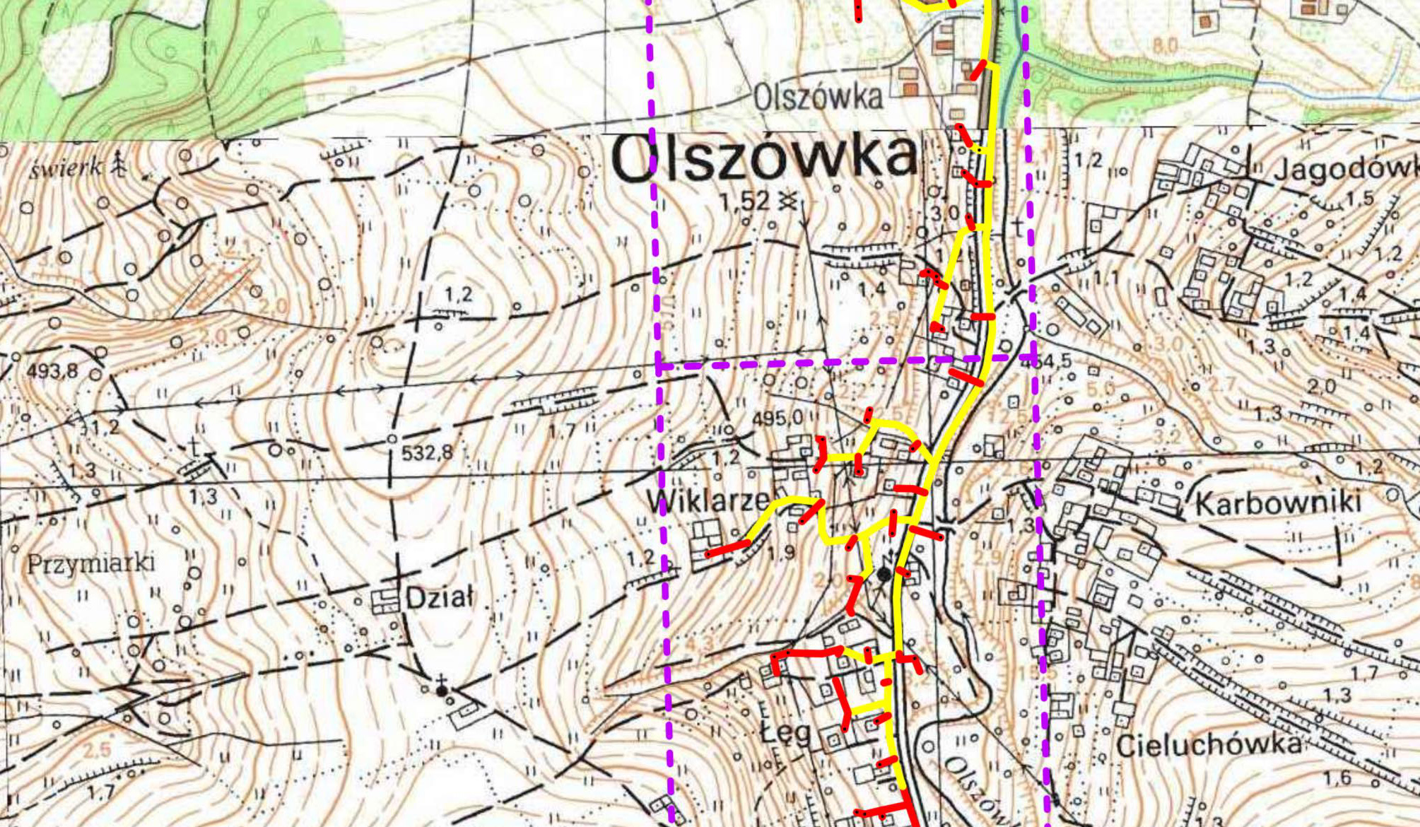 Mapa prezentująca zakres prac z budową sieci kanalizacyjnej w Olszówce.