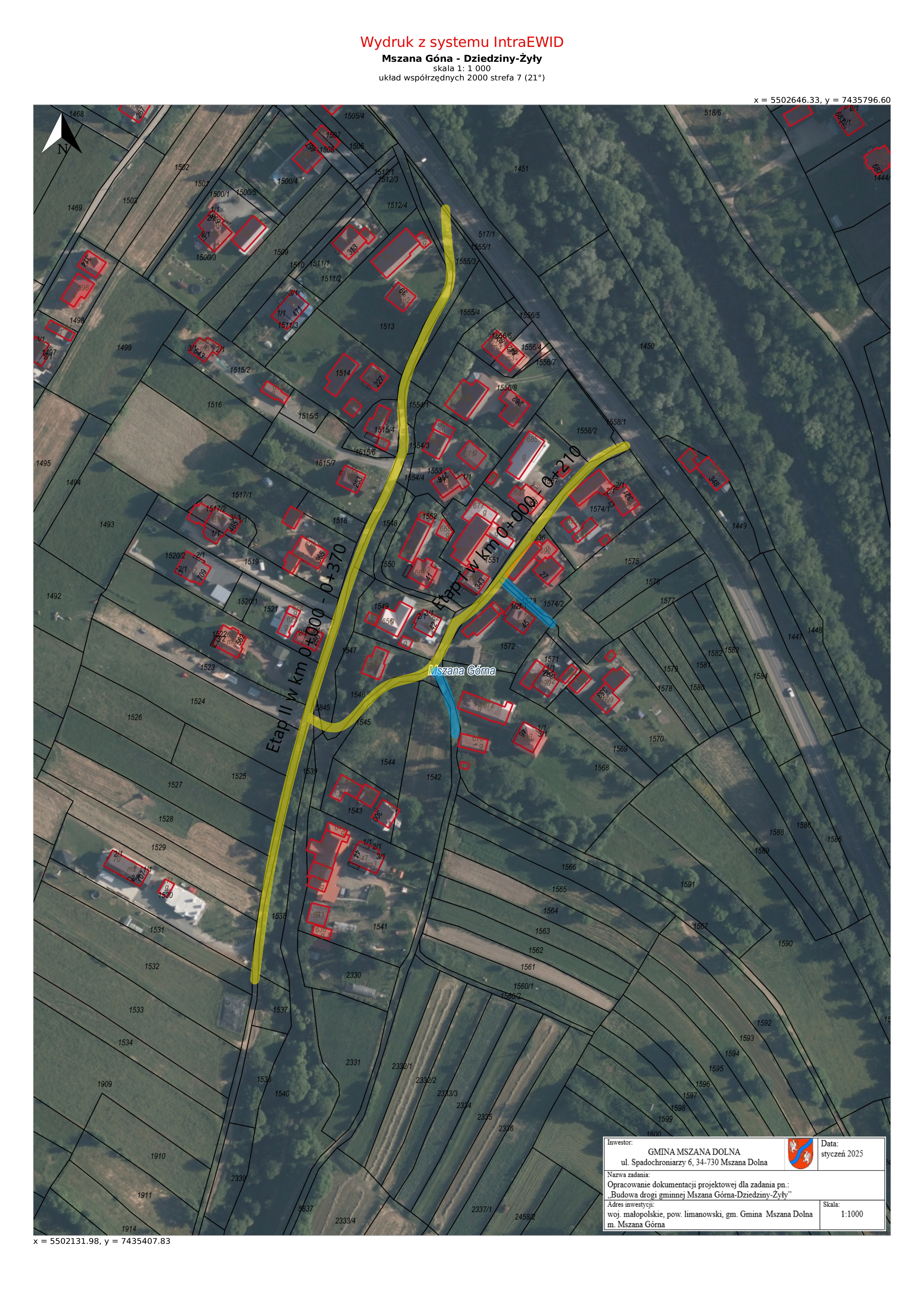 Mapa Mszany Górnej z zaznaczonym przebiegiem projektowanej drogi
